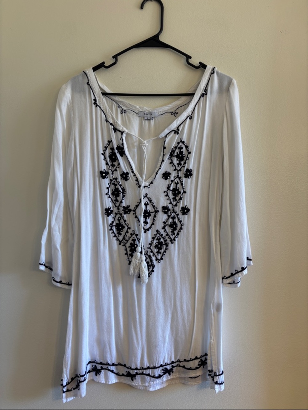 Raviya Black and White Beach Bathing Suit Coverup with Embroidery and Tassel Tie